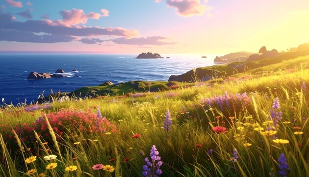 Sunset over coastal meadow with wildflowers and ocean view.