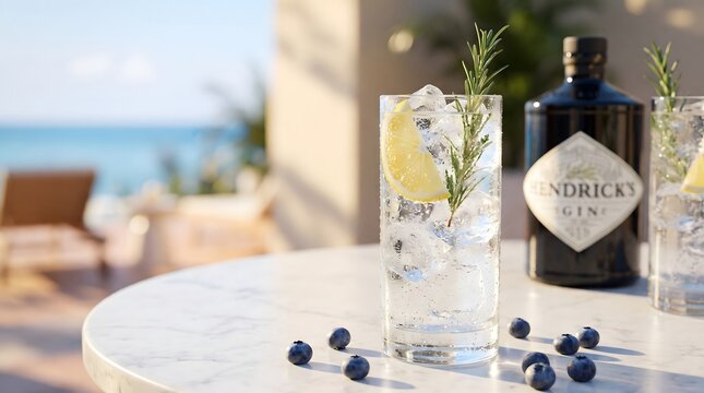 Refreshing gin and tonic with rosemary and blueberries on a sunny terrace overlooking the sea