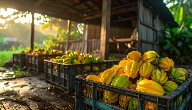 Fresh tropical fruits in crates at a rustic farm market.