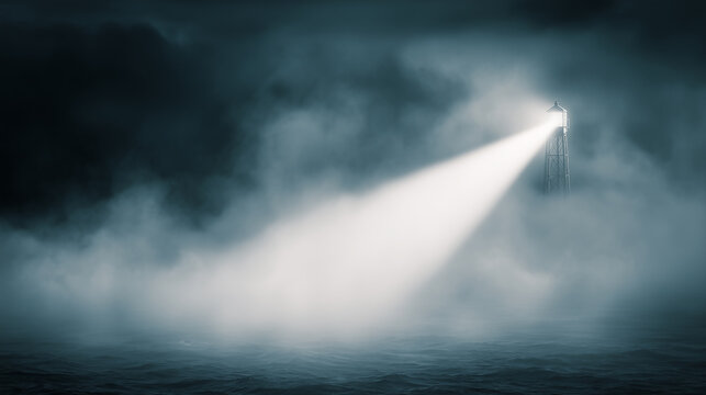 Dramatic lighthouse silhouette in heavy fog, piercing light beam cutting through dark night sky and sea mist, maritime security and guidance concept, moody photography.