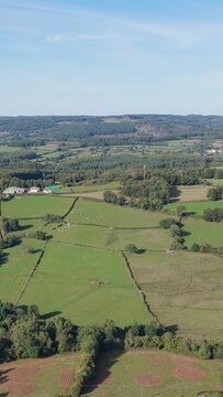 The rural Morvan region in France, showing expansive green fields, hedgerows, scattered trees, and farmland under a clear blue sky, aerial vertical 9:16 view.