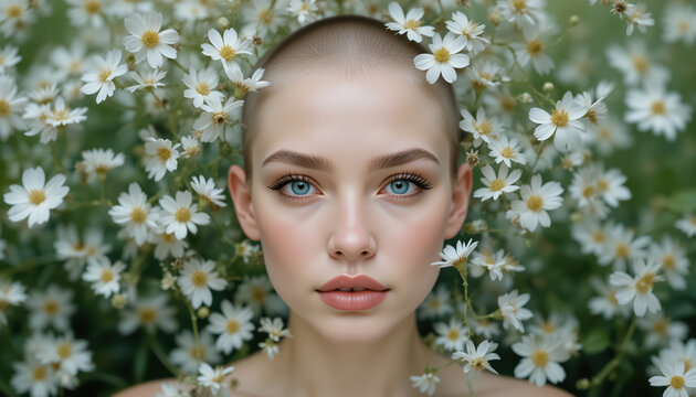 A woman with a shaved head surrounded by white flowers. Fashion concept. 