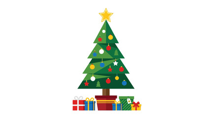 Fototapeta premium Christmas tree illustration decorated with colorful ornaments and wrapped gift boxes underneath isolated on a clean white background.