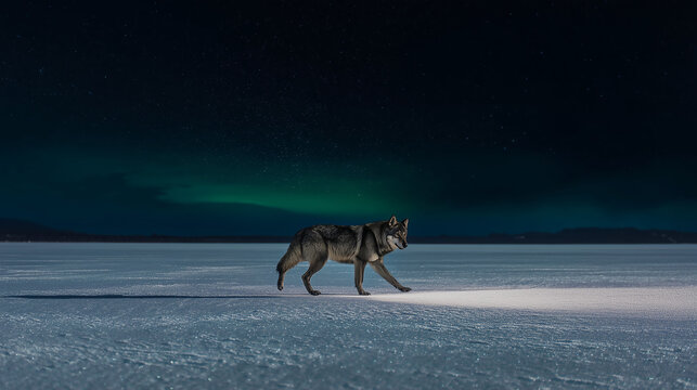 Majestic lone wolf walking on a frozen, snow-covered landscape at night under the ethereal green glow of the aurora borealis, symbolizing wilderness, solitude, and mystery.