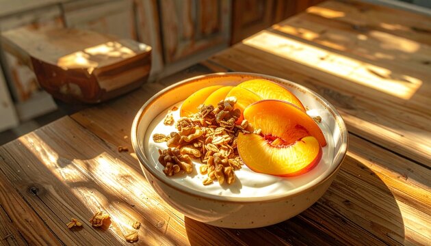 Healthy breakfast bowl with yogurt peaches and granola.