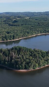 A densely forested island surrounded by the calm waters of Lac des Settons, located in Morvan, France, aerial vertical 9:16 view.