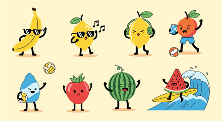 Fototapeta premium Cute summer fruit and water drop characters playing volleyball, soccer, surfing, and listening to loud music.