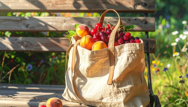 Fresh produce in canvas bag on wooden bench outdoors.