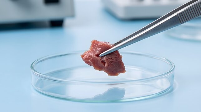 Close up of forceps holding a tissue sample in a petri dish for analysis