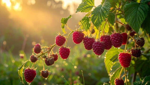 Fresh ripe raspberries hanging on green plant branches at sunrise.