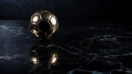Naklejka premium A dark, moody composition featuring a classic golden soccer ball isolated on a reflective black marble surface, symbolizing elegance, sports prestige, and elite football championship glory.