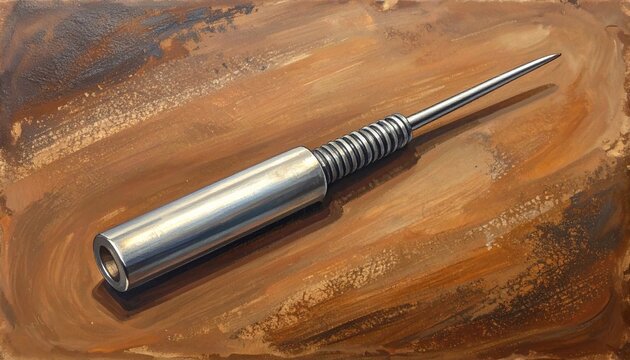Close up of a metal spring loaded mechanical tool on wood.