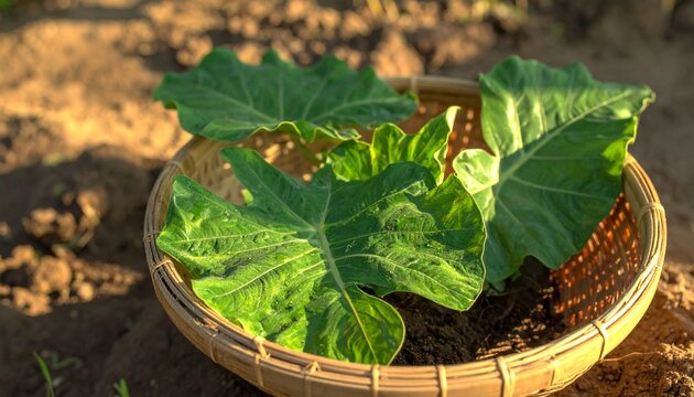 Fresh Green Leafy Vegetable Plant in Woven Basket.