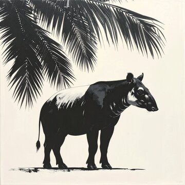 Black and white illustration of a water buffalo under palm leaves.