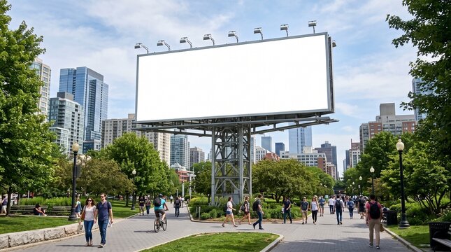 Large blank white billboard on metal structure in urban park, surrounded by trees, grass, walking paths, people strolling, modern city buildings in background, clear sky, high-traffic advertising spac