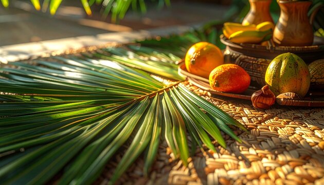 Tropical fruits and palm leaves on wooden surface.