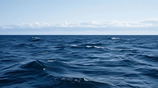 Deep blue ocean waves under a clear sky with a thin line of clouds on the horizon