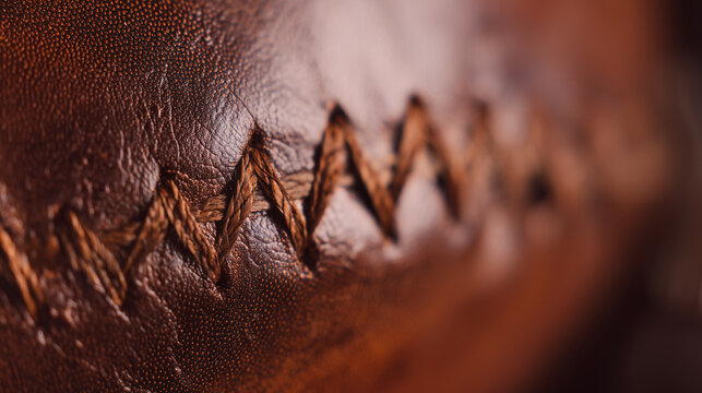 Macro view of rugged brown leather stitching on a sports ball, emphasizing the detailed craft, texture, and durability of athletic equipment for professional games.