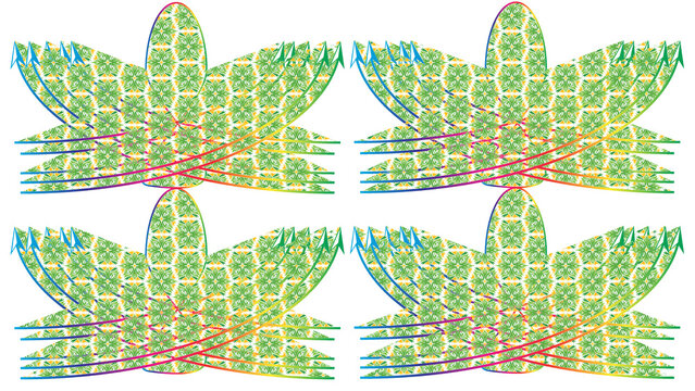 Four identical green geometric leaf shapes with hexagonal patterns on a white background