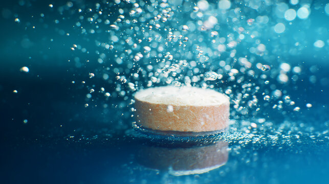 Macro photography of an orange effervescent tablet dissolving in water, producing a beautiful vibrant splash with numerous oxygen bubbles rising, perfect for pharmacy advertising.