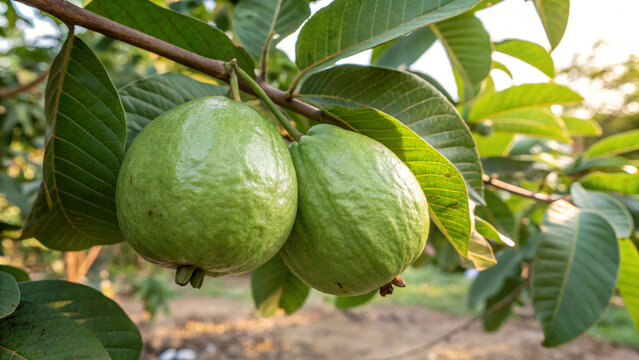 Ripe green guavas hanging on a tree branch in a fruit orchard with agriculture tropical nutrition