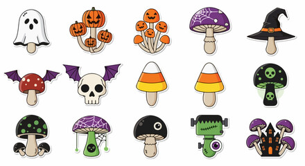 Naklejka premium Cute Halloween Mushroom Stickers Set Collection