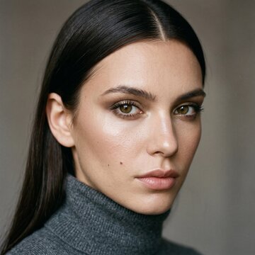 Close up beauty portrait of young woman with intense green gaze and natural makeup in turtleneck
