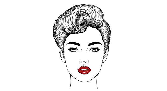 Gorgeous retro portrait sketch of a beautiful woman with an elegant classic pompadour hairstyle and bright red lipstick.