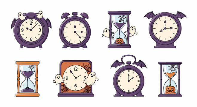 Set of spooky halloween clocks and hourglasses