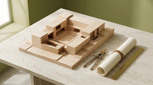 A meticulously crafted architectural model of a building alongside detailed blueprints offers a comprehensive visualization for a complex construction project and innovative