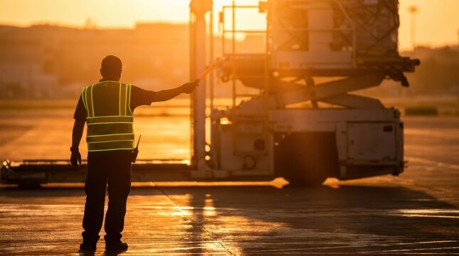 Airport ground crew member signals with illuminated wand at sunset next to ground support equipment