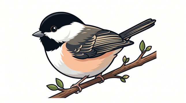 Stylized chickadee bird illustration perched on a spring branch with leaves