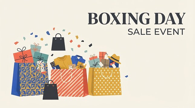 Vector illustration of colorful shopping bags filled with gifts and clothes for Boxing Day sale event