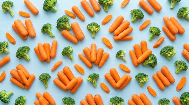 Colorful arrangement of fresh broccoli and carrots on blue surface
