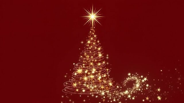 Abstract christmas tree made of golden light swirls and sparkles on a dark red background