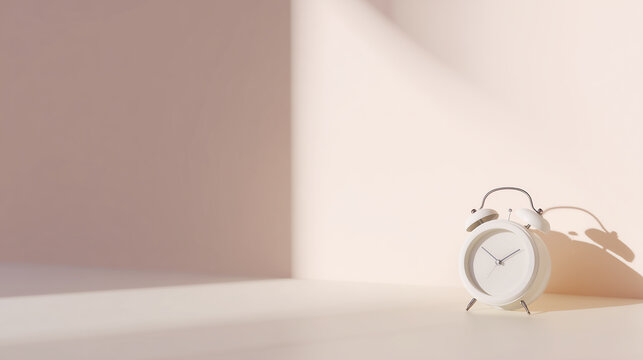 A classic white analog alarm clock placed in a minimalist room corner with soft natural light, symbolizing time management, deadlines, punctuality, and daily routine.