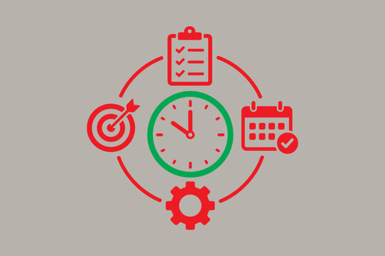 Time management and business strategy circular diagram with clock and icons