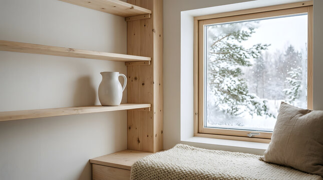 Cozy window seat with winter forest view | Minimalist Scandinavian home decor with wooden shelves | Hygge interior design with snowy landscape window | Bright modern living space with natural wood acc