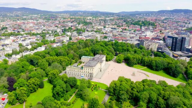 Oslo, Norway. Royal Palace. Slottsplassen. Palace park. Drone footage, Point of interest