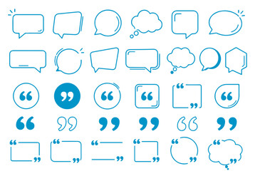 Naklejka premium Quote mark vector icon set with black quotation symbols and typographic punctuation elements. Speech bubble outline collection featuring chat boxes, dialogue balloons and thought cloud shapes.