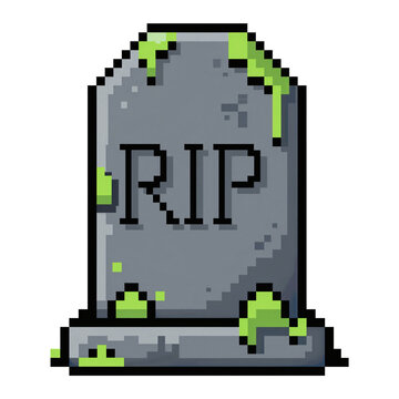 Pixel art stone tombstone with RIP engraving and green slime, retro 8-bit grave on transparent background