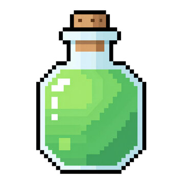 Pixel art green potion glass bottle with cork stopper, retro 8-bit alchemy flask on transparent background