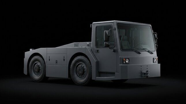 A gray airport tug vehicle with large tires and a spacious cab is viewed from the front