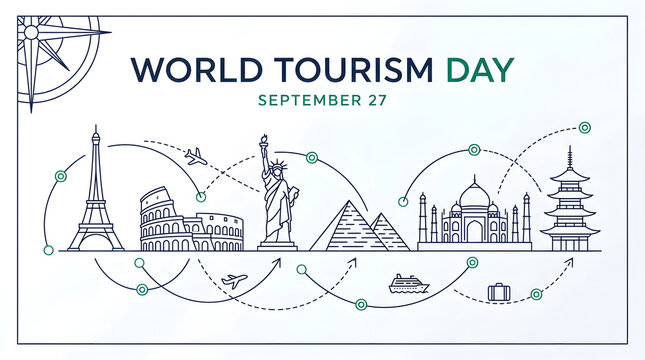 World tourism day outline illustration design featuring global monuments and travel routes, landmarks