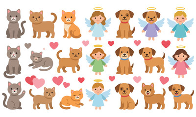 Fototapeta premium Cute Cats Dogs and Angel Characters with Hearts and Halos Collection