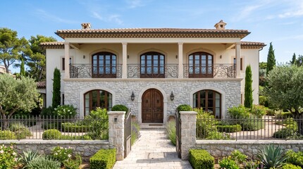 Obraz premium Luxury Mediterranean villa exterior, elegant stone house with arched entrance and balcony, architectural design of a grand residential property