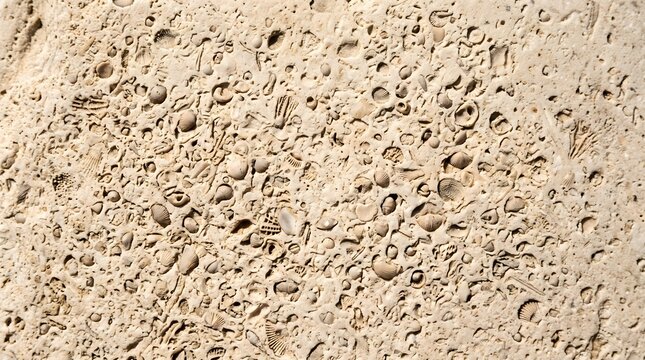 Detailed limestone rock surface featuring countless embedded prehistoric fossilized seashells with beige textures captured under bright natural outdoor daylight illumination