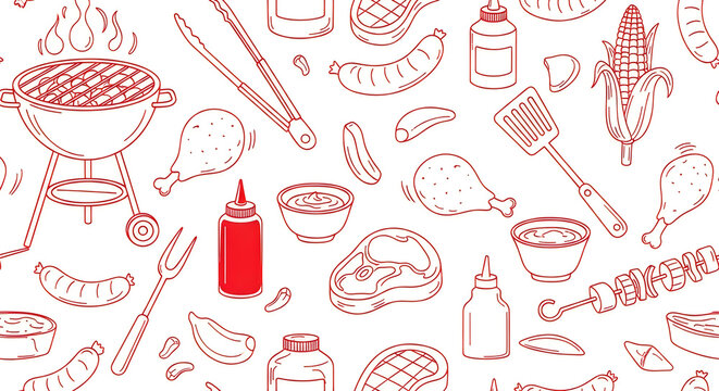 Seamless pattern with barbecue food and grill tools in hand drawn sketch style with red accents