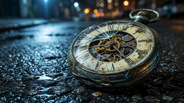 Damaged classic pocket timepiece with exposed gears abandoned on a rainy road surface under blue streetlamp glow
