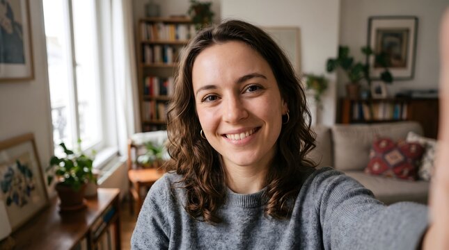 Smiling young woman with wavy brown hair wearing grey sweater takes a bright natural selfie inside her cozy home apartment